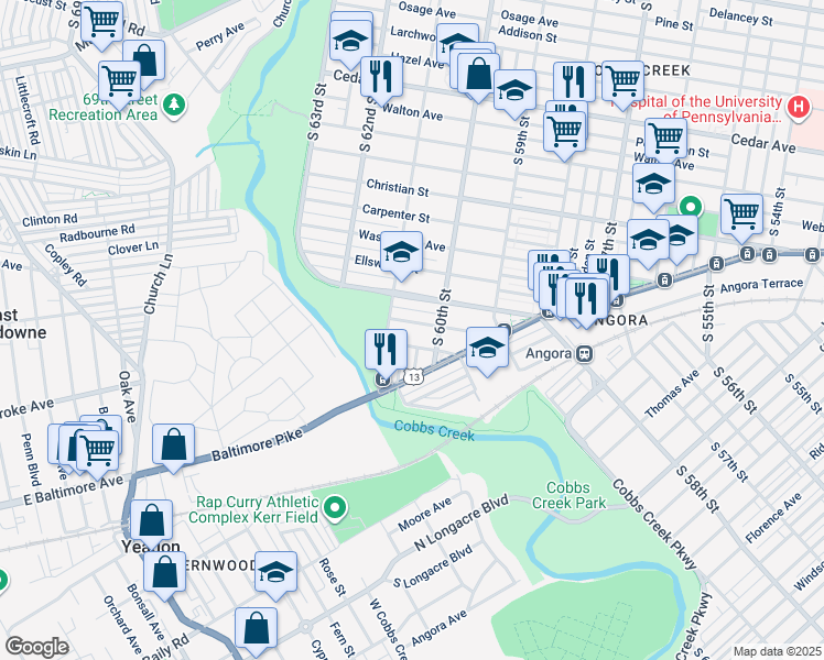 map of restaurants, bars, coffee shops, grocery stores, and more near 6032 Latona Street in Philadelphia
