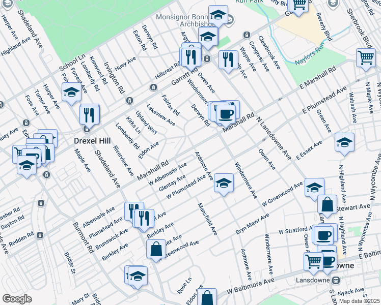 map of restaurants, bars, coffee shops, grocery stores, and more near 96 Marshall Road in Lansdowne