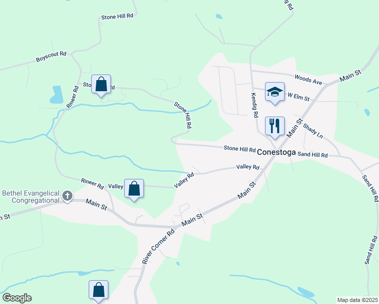 map of restaurants, bars, coffee shops, grocery stores, and more near 220 Stone Hill Road in Conestoga