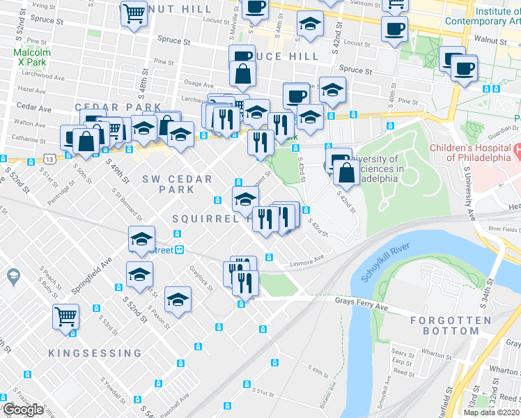map of restaurants, bars, coffee shops, grocery stores, and more near 4602 Kingsessing Avenue in Philadelphia