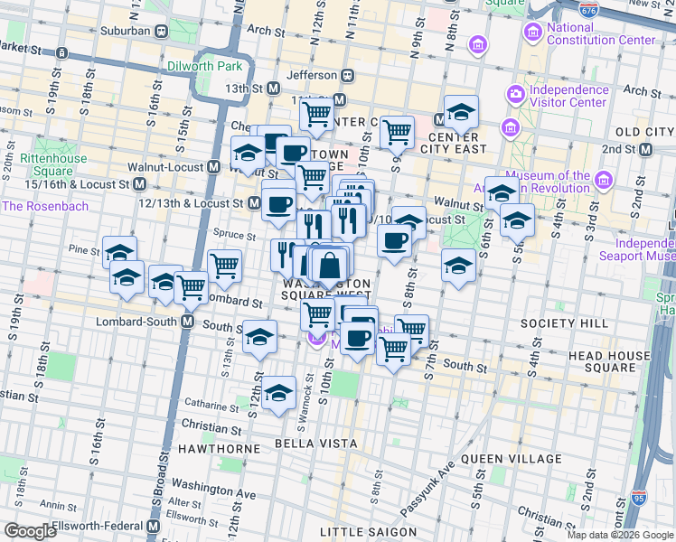 map of restaurants, bars, coffee shops, grocery stores, and more near in Philadelphia