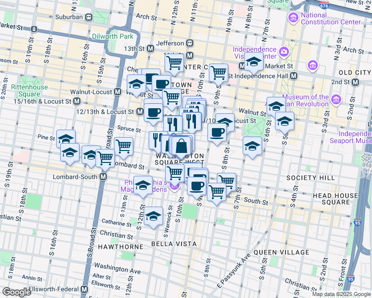 map of restaurants, bars, coffee shops, grocery stores, and more near 306 South 10th Street in Philadelphia
