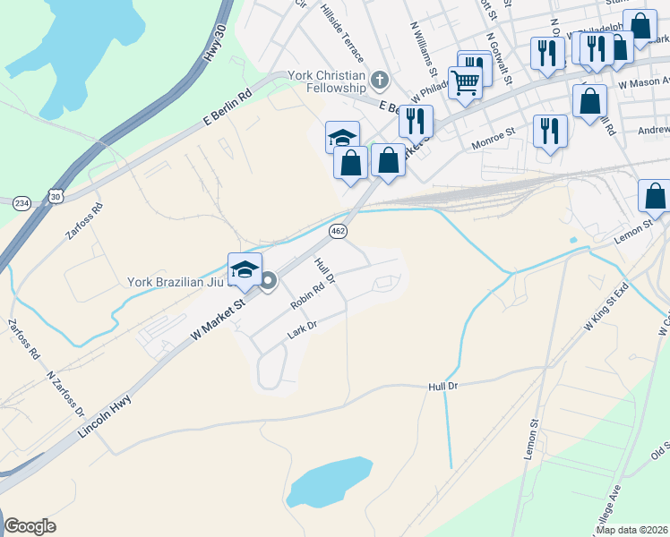 map of restaurants, bars, coffee shops, grocery stores, and more near 91 Hull Drive in York