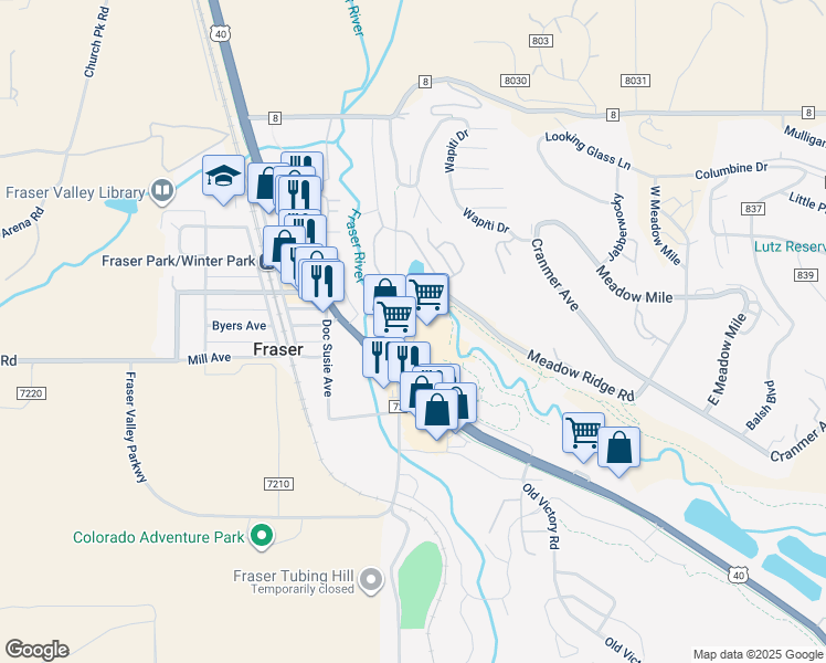 map of restaurants, bars, coffee shops, grocery stores, and more near 35 County Road 804 in Fraser