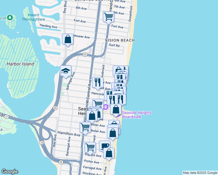 map of restaurants, bars, coffee shops, grocery stores, and more near 35 Fremont Avenue in Seaside Heights