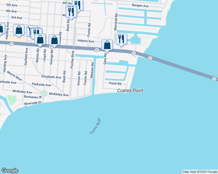 map of restaurants, bars, coffee shops, grocery stores, and more near 35 Bay Shore Drive in Toms River