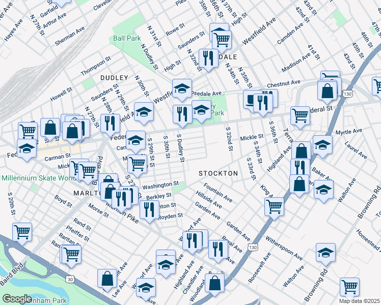 map of restaurants, bars, coffee shops, grocery stores, and more near 3055 Stevens Street in Camden