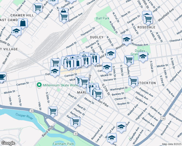map of restaurants, bars, coffee shops, grocery stores, and more near 2624 Baird Boulevard in Camden