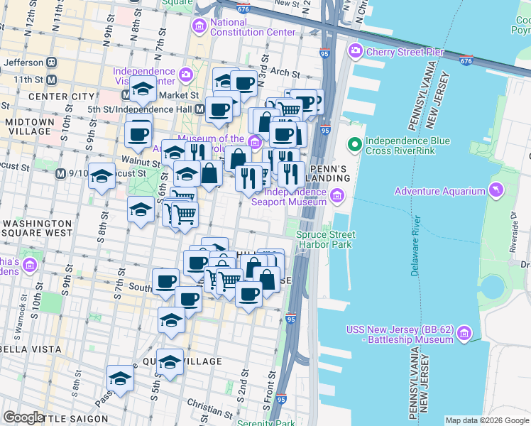map of restaurants, bars, coffee shops, grocery stores, and more near 230 Locust Street in Philadelphia