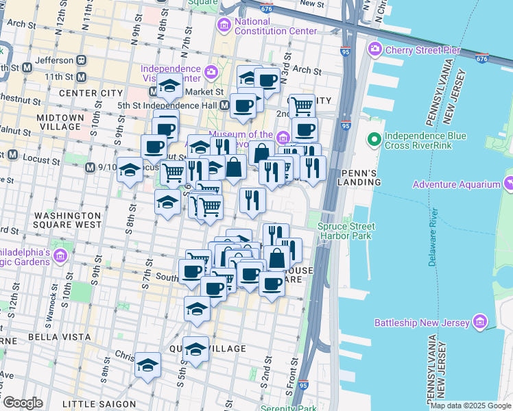 map of restaurants, bars, coffee shops, grocery stores, and more near 254 South 3rd Street in Philadelphia