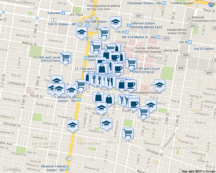map of restaurants, bars, coffee shops, grocery stores, and more near in Philadelphia
