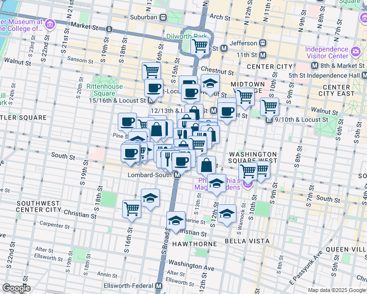map of restaurants, bars, coffee shops, grocery stores, and more near in Philadelphia