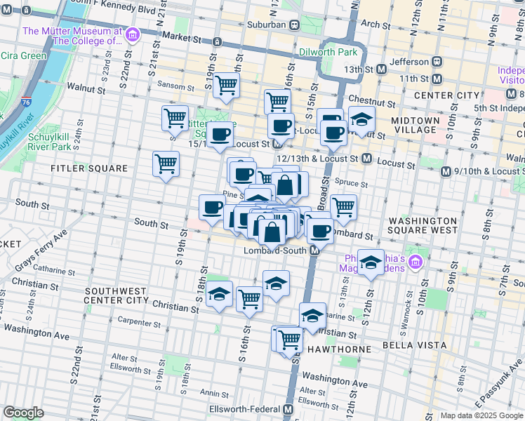 map of restaurants, bars, coffee shops, grocery stores, and more near 1523 Lombard Street in Philadelphia