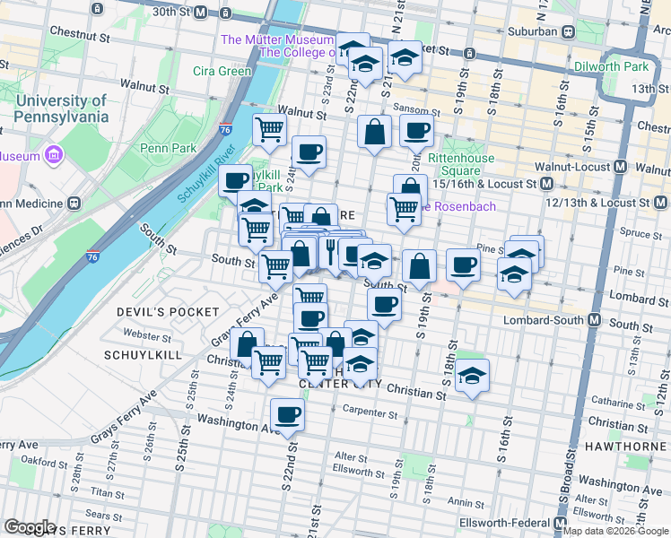 map of restaurants, bars, coffee shops, grocery stores, and more near in Philadelphia