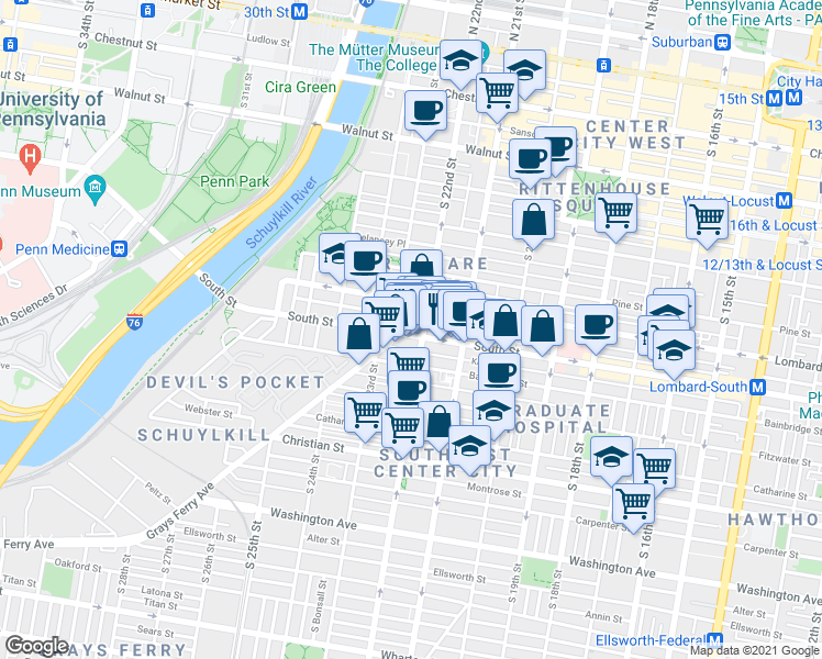 map of restaurants, bars, coffee shops, grocery stores, and more near in Philadelphia