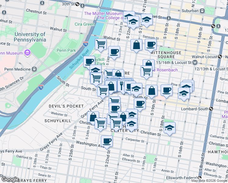map of restaurants, bars, coffee shops, grocery stores, and more near in Philadelphia