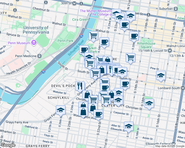 map of restaurants, bars, coffee shops, grocery stores, and more near 2401 Bainbridge Street in Philadelphia