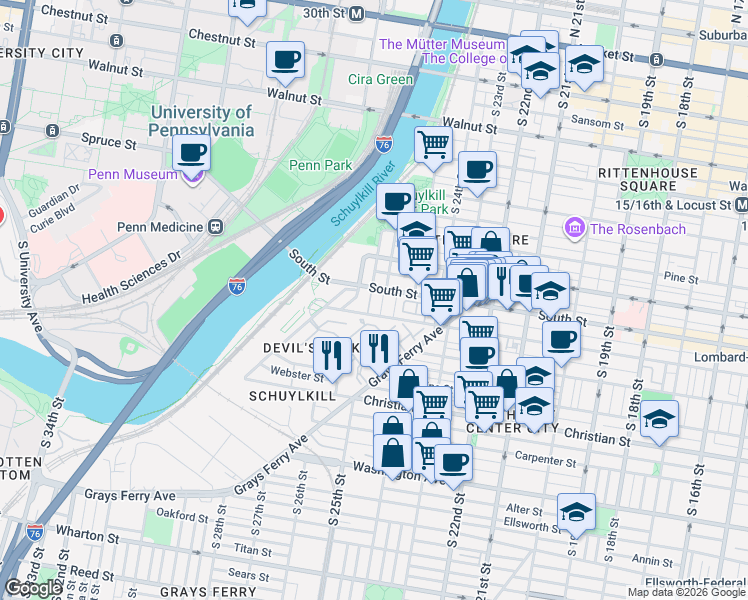 map of restaurants, bars, coffee shops, grocery stores, and more near 617 South Bambrey Street in Philadelphia