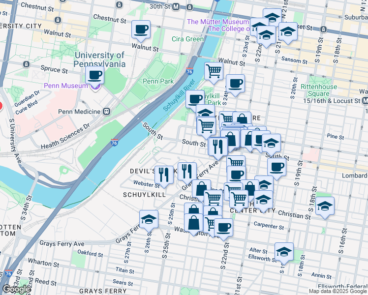 map of restaurants, bars, coffee shops, grocery stores, and more near 617 South Taney Street in Philadelphia