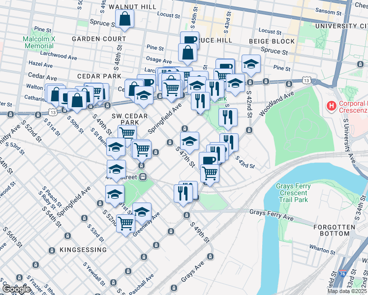 map of restaurants, bars, coffee shops, grocery stores, and more near 4630 Regent Street in Philadelphia