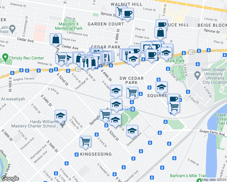 map of restaurants, bars, coffee shops, grocery stores, and more near 930 South Saint Bernard Street in Philadelphia