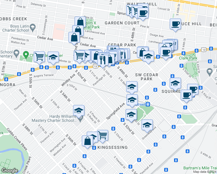 map of restaurants, bars, coffee shops, grocery stores, and more near 923 South 51st Street in Philadelphia