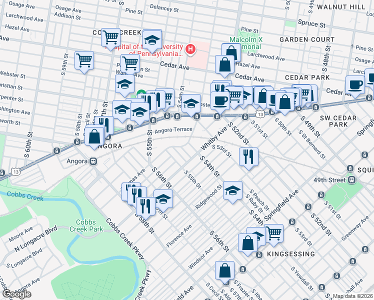 map of restaurants, bars, coffee shops, grocery stores, and more near 938 South Conestoga Street in Philadelphia