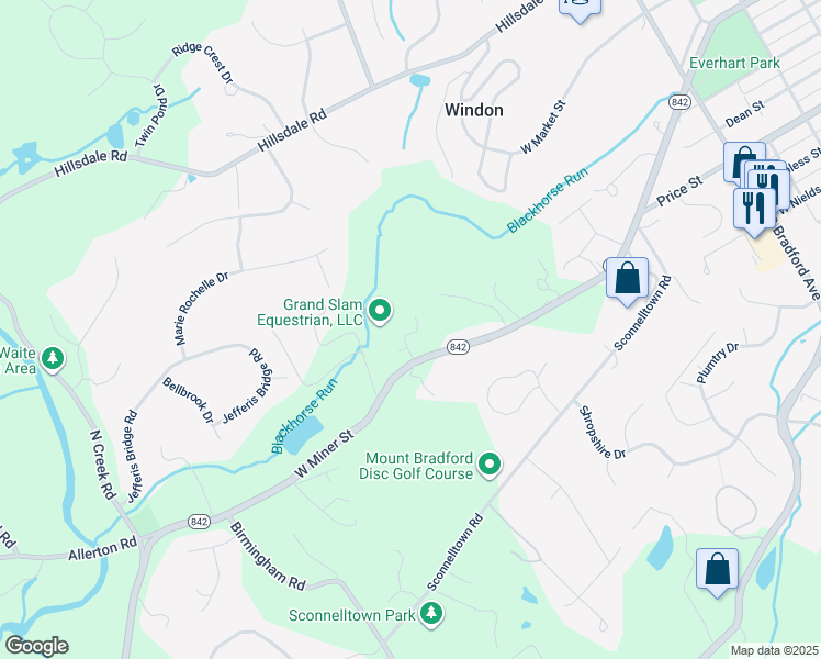 map of restaurants, bars, coffee shops, grocery stores, and more near 882 Pennsylvania 842 in West Chester
