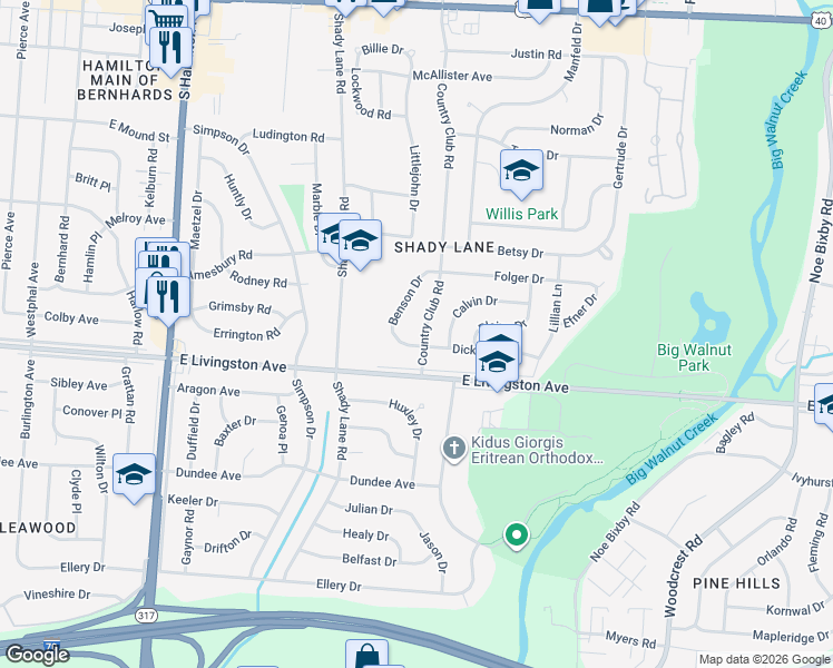 map of restaurants, bars, coffee shops, grocery stores, and more near 1499 Benson Drive in Columbus