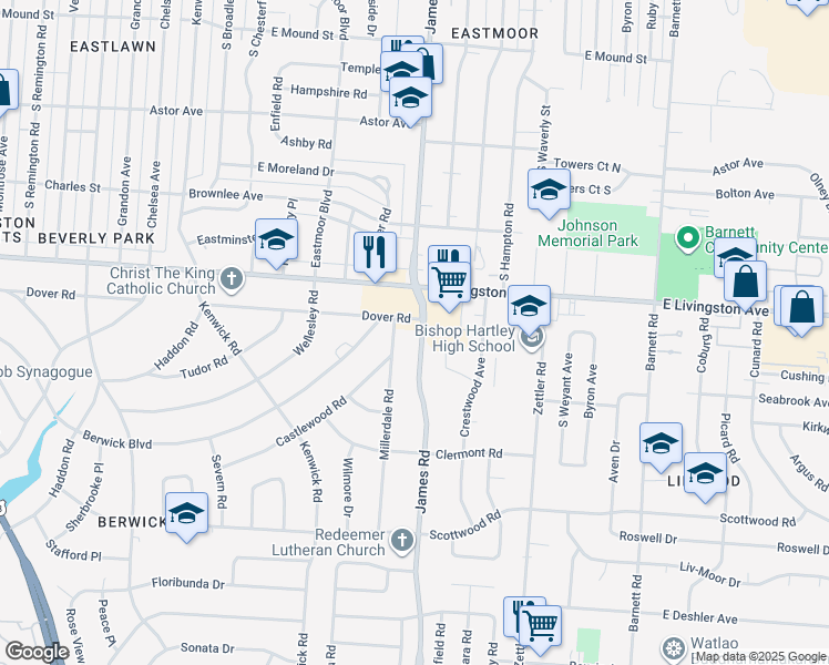 map of restaurants, bars, coffee shops, grocery stores, and more near 1263 South James Road in Columbus