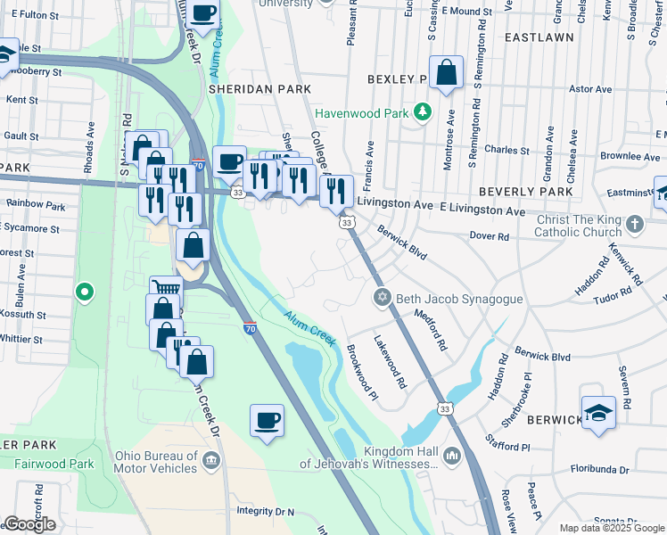 map of restaurants, bars, coffee shops, grocery stores, and more near 2222 Welcome Place in Columbus
