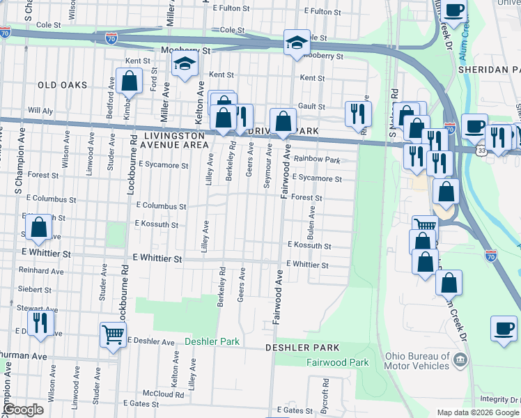 map of restaurants, bars, coffee shops, grocery stores, and more near 1062 Geers Avenue in Columbus