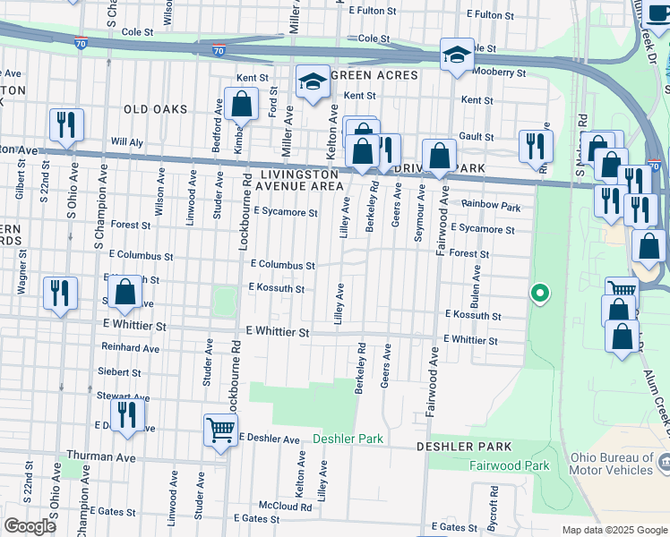 map of restaurants, bars, coffee shops, grocery stores, and more near 1051 Lilley Avenue in Columbus