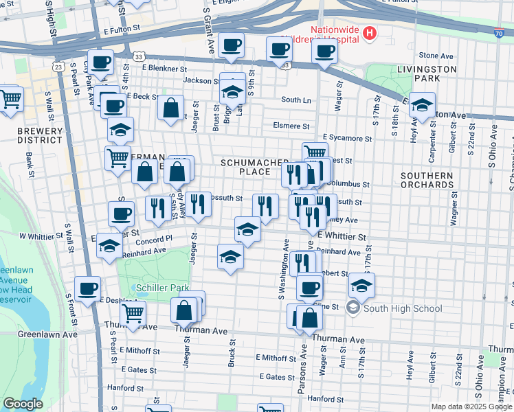 map of restaurants, bars, coffee shops, grocery stores, and more near 898 Beech Street in Columbus