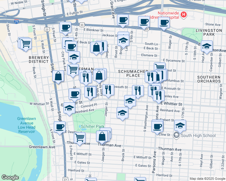 map of restaurants, bars, coffee shops, grocery stores, and more near 885 Ebner Street in Columbus