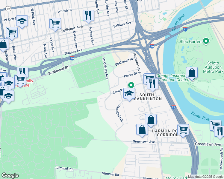 map of restaurants, bars, coffee shops, grocery stores, and more near 713 Canonby Place in Columbus