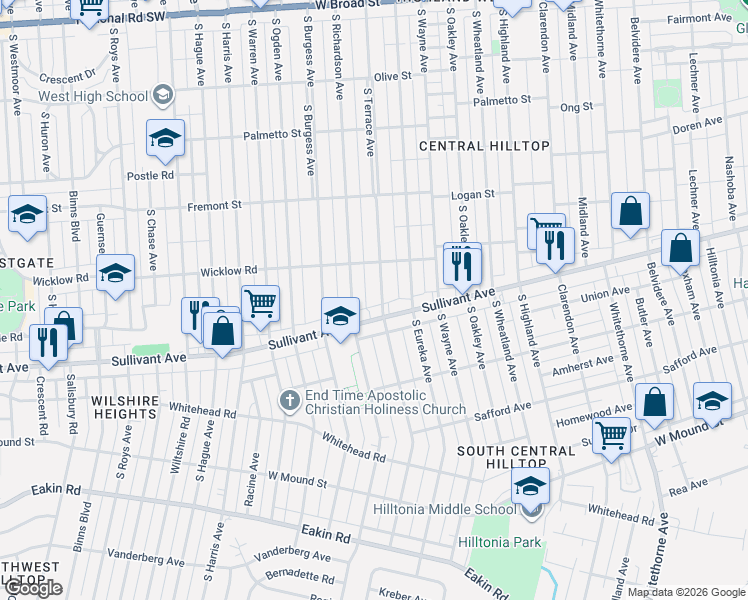 map of restaurants, bars, coffee shops, grocery stores, and more near in Columbus