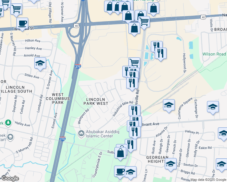 map of restaurants, bars, coffee shops, grocery stores, and more near 351 King Edward Court East in Columbus