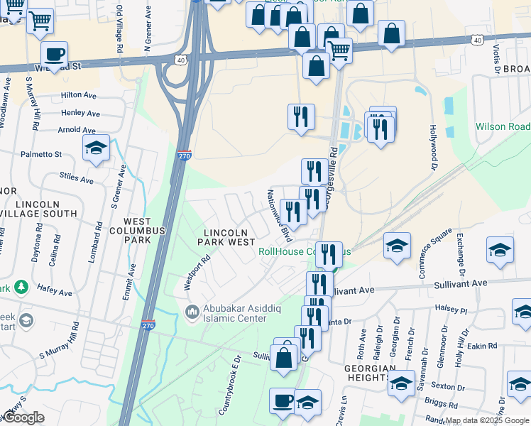 map of restaurants, bars, coffee shops, grocery stores, and more near 351 King Edward Court East in Columbus