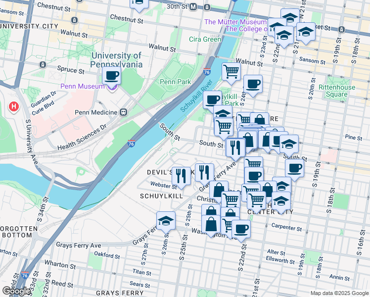 map of restaurants, bars, coffee shops, grocery stores, and more near 628 South 27th Street in Philadelphia