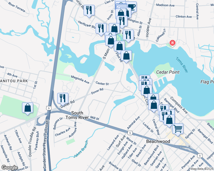 map of restaurants, bars, coffee shops, grocery stores, and more near 23 Center Street in Toms River