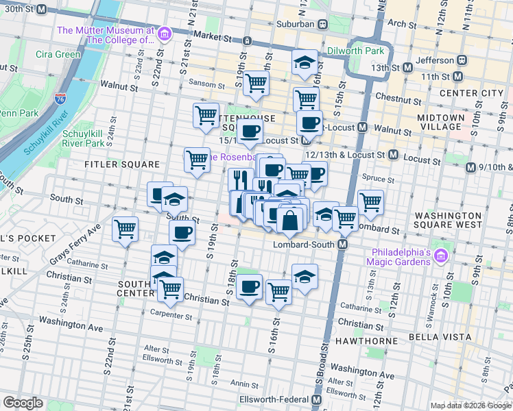map of restaurants, bars, coffee shops, grocery stores, and more near in Philadelphia