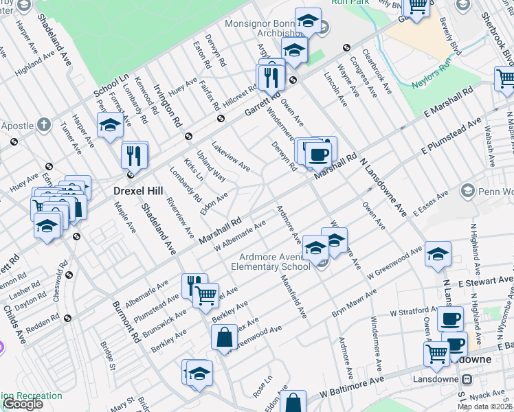 map of restaurants, bars, coffee shops, grocery stores, and more near 122 Marshall Road in Lansdowne