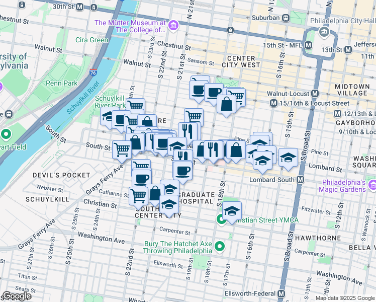 map of restaurants, bars, coffee shops, grocery stores, and more near 510 South 20th Street in Philadelphia