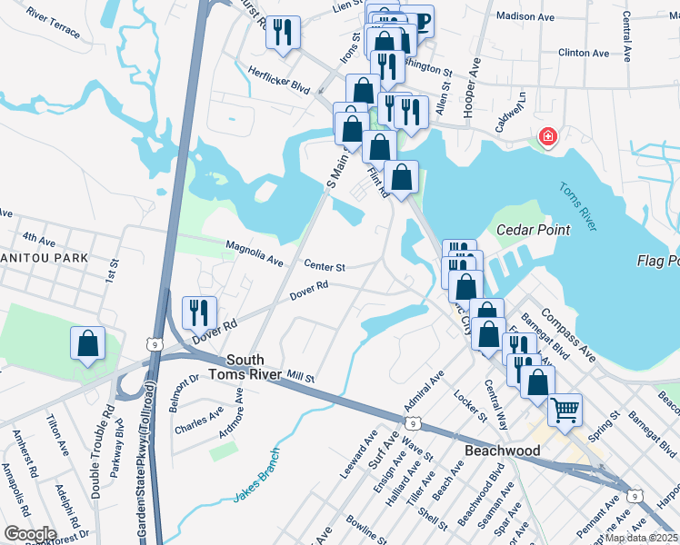 map of restaurants, bars, coffee shops, grocery stores, and more near 23 Center Street in Toms River