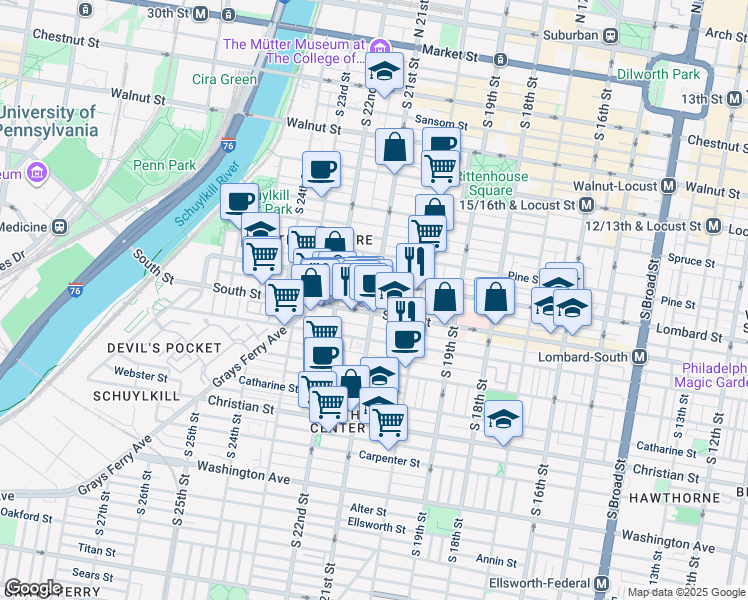 map of restaurants, bars, coffee shops, grocery stores, and more near 527 South 21st Street in Philadelphia