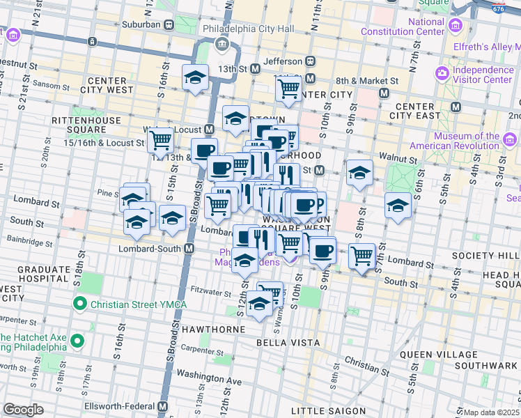 map of restaurants, bars, coffee shops, grocery stores, and more near 331 South 12th Street in Philadelphia
