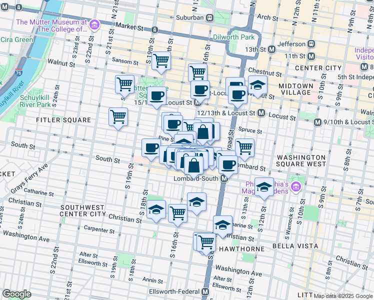 map of restaurants, bars, coffee shops, grocery stores, and more near 414 South 16th Street in Philadelphia