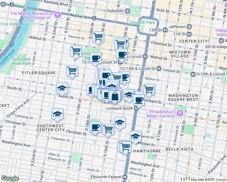 map of restaurants, bars, coffee shops, grocery stores, and more near 1632 Lombard Street in Philadelphia