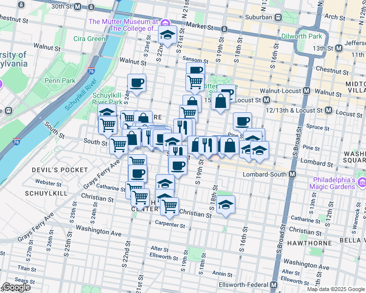 map of restaurants, bars, coffee shops, grocery stores, and more near 510 South 20th Street in Philadelphia